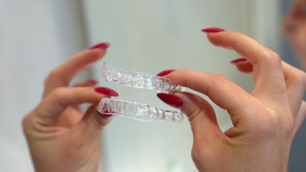 Hands Holding Invisible Aligners for Teeth Straightening