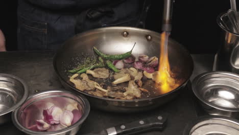 chef charring vegetables in pan with blowtorch, close up