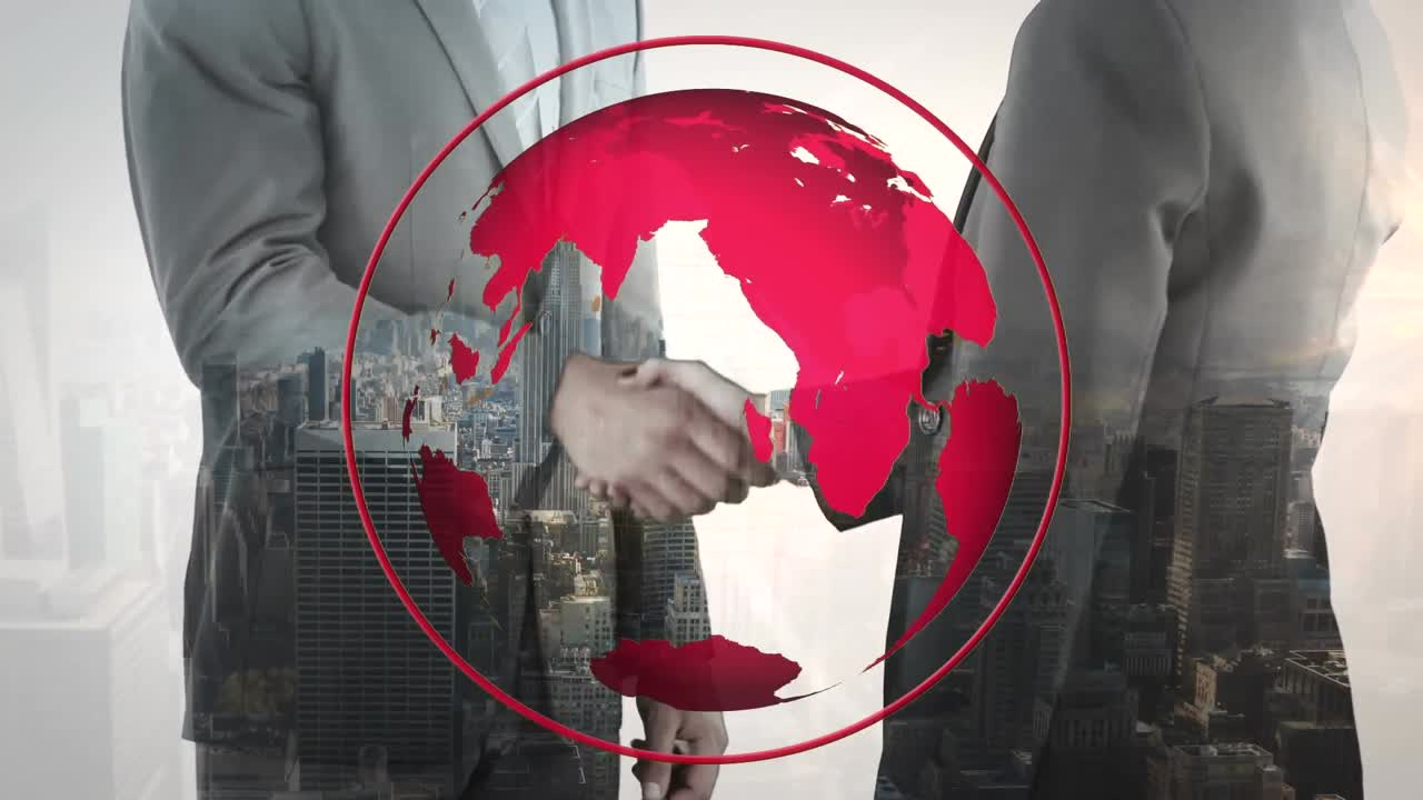 Animation of globe over businessman handshake