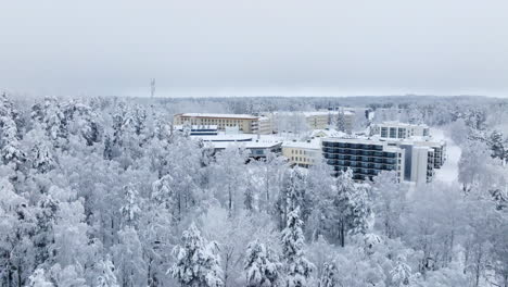 aerial view of a snowy resort in finland