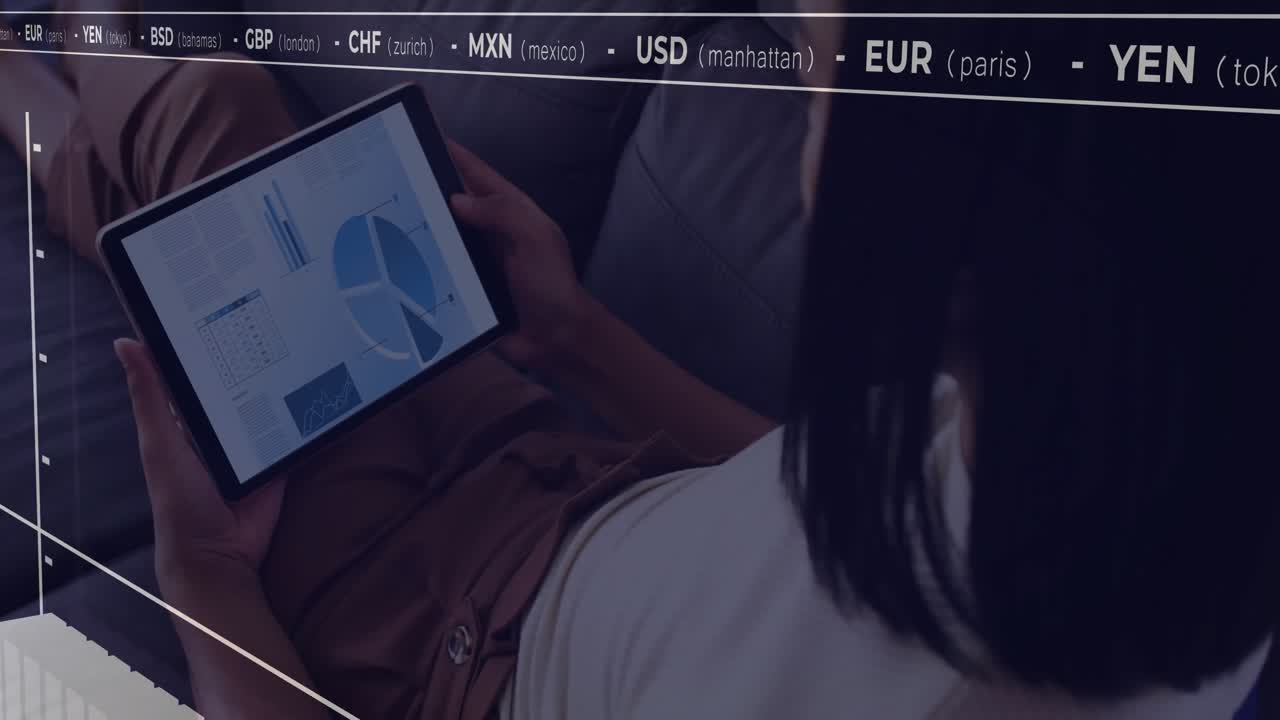 Financial dashboard being animated in flat design scene, showing tablet charts and currency ticker