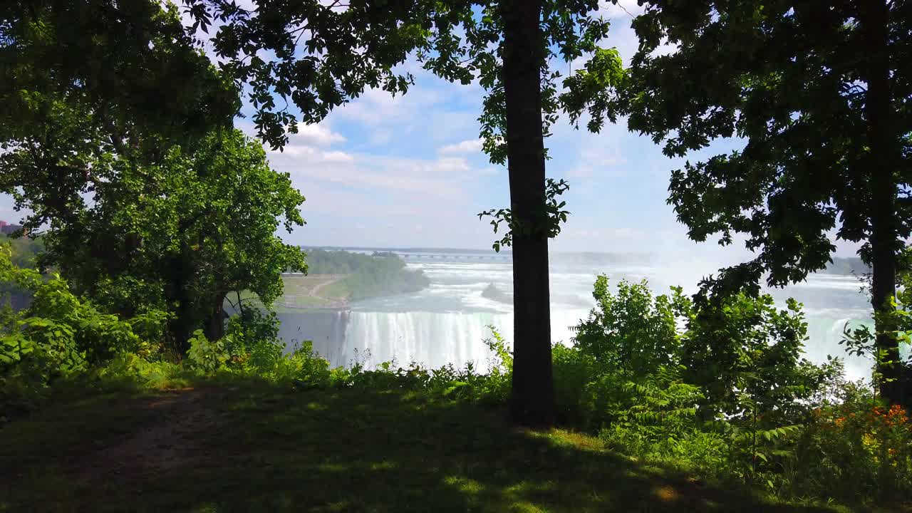 Majestätisk utsikt över Niagarafallen med frodiga träd i förgrunden.