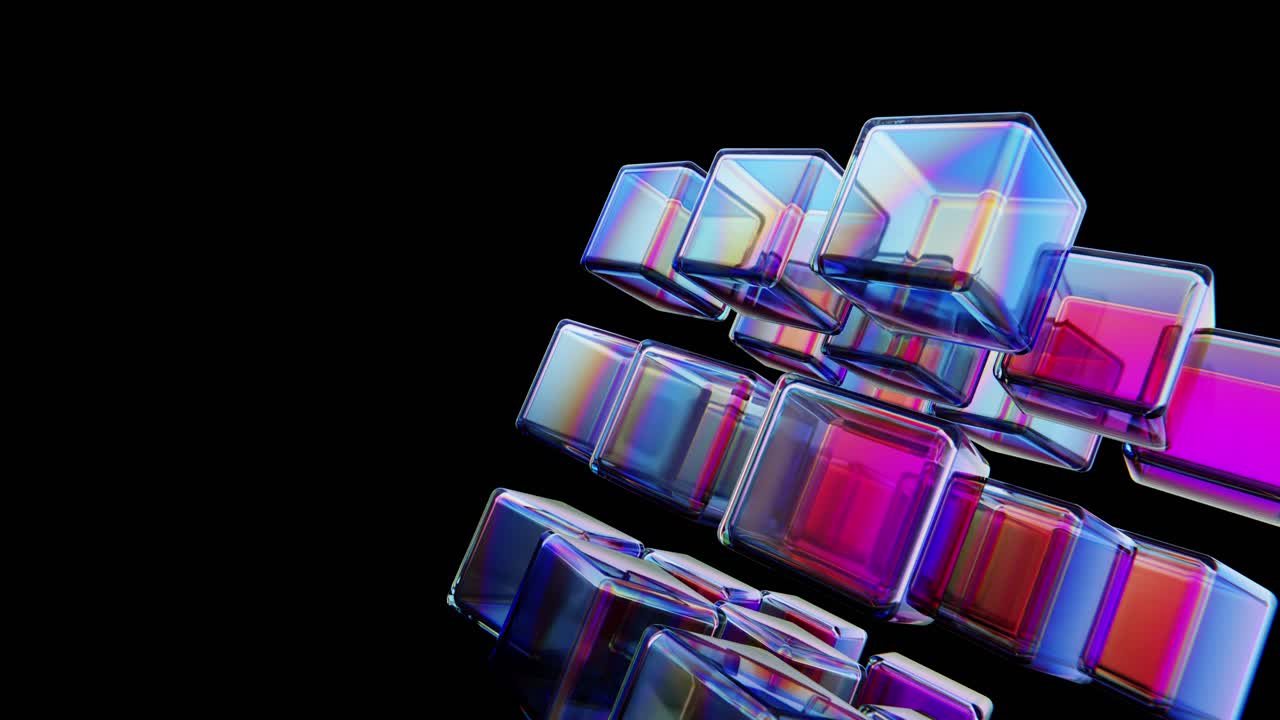 Abstract Iridescent Glass Cubes Moving on Black Background