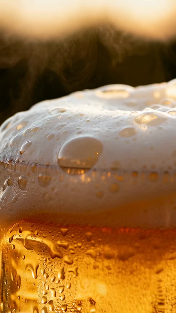 Video verticale: Mostrando un bicchiere di birra fredda da una spillatura fresca al bar, che crea schiuma, perdendo gocce, con nebbia che sale.