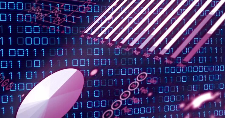 Animation of pink graphs, charts and globe over binary data processing on blue background