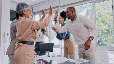high five, celebration and happy business people