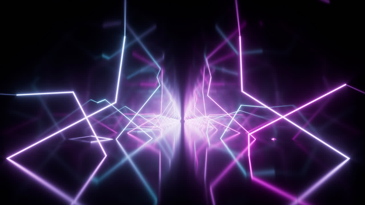 túnel de luces de neón: líneas brillantes púrpuras y azules abstractas de fondo