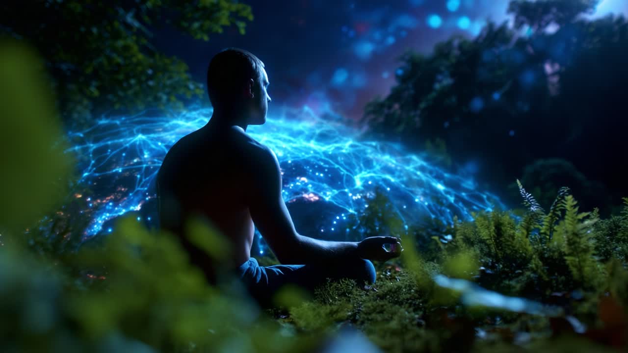 A Tranquil Meditation Scene in a Magical Forest with Mystical Energy Flowing Around a Peaceful Individual, Illuminating the Night with Beautiful Blue Sparks and Natural Elements in the Background