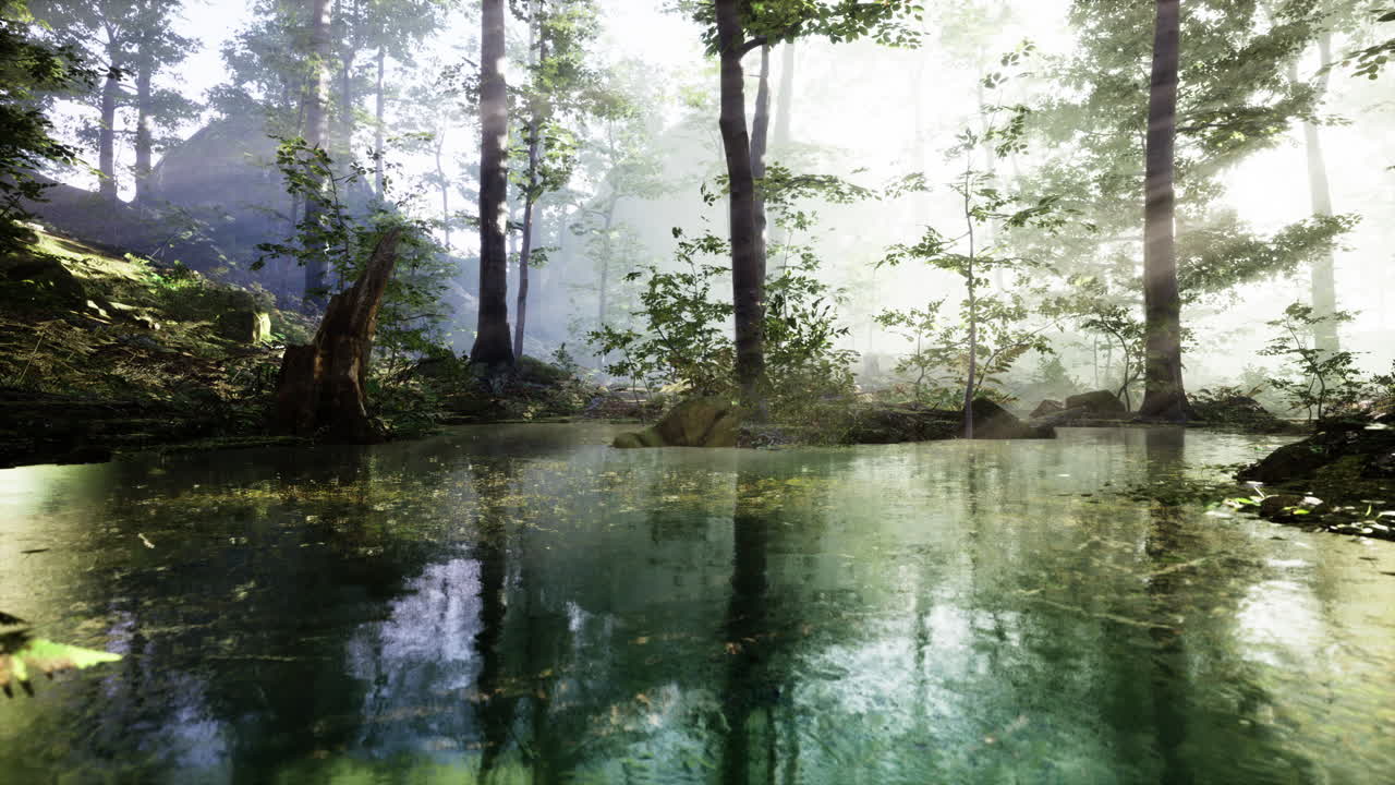 lago na escura majestosa floresta perene