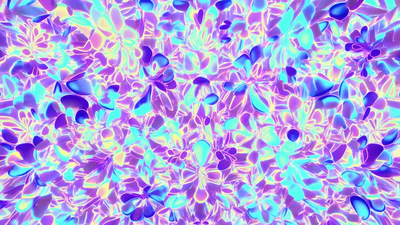 Dense close-up view of glossy petal-like forms fills surface edge to edge with reflective shimmer, vivid color shifts, rounded layers, and seamless ornamental texture for modern backgrounds