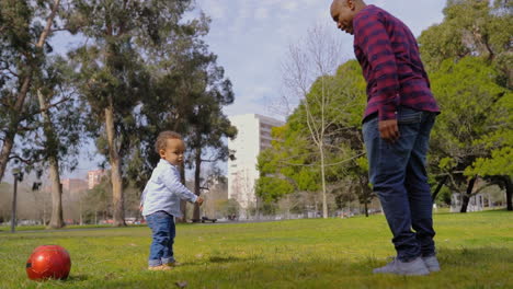 father practicing with soccer ball, playing pass to son