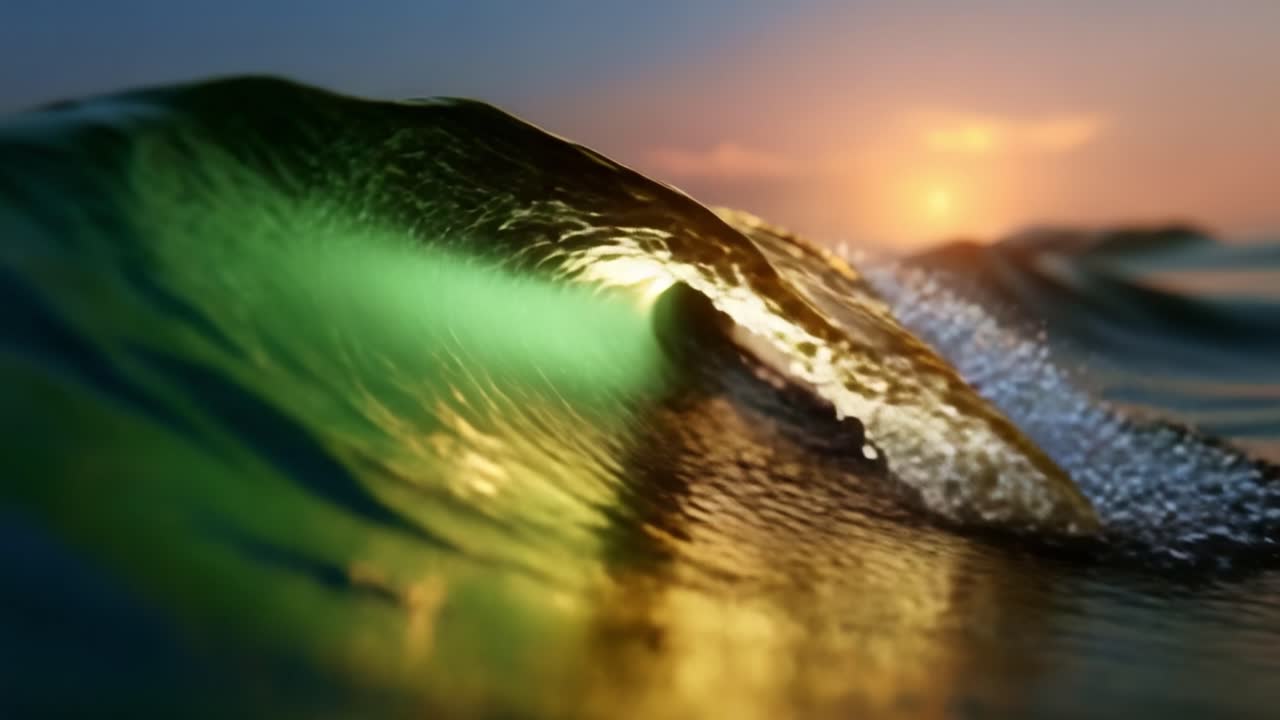 Onde al tramonto: cattura la serenità e la bellezza delle onde oceaniche illuminate dalle sfumature dorate del sole al tramonto con dettagli mozzafiato
