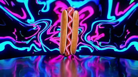 neon hot dog spinning with hypnotic motion, descending onto reflective surface against vibrant, dreamlike psychedelic background with futuristic digital art aesthetic