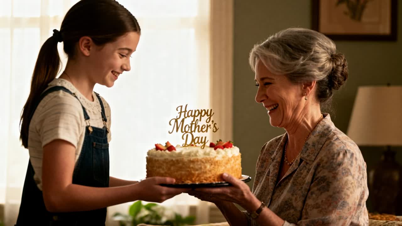 Child bringing decorated cake to mother for Mother's Day, woman reaching, both holding platter