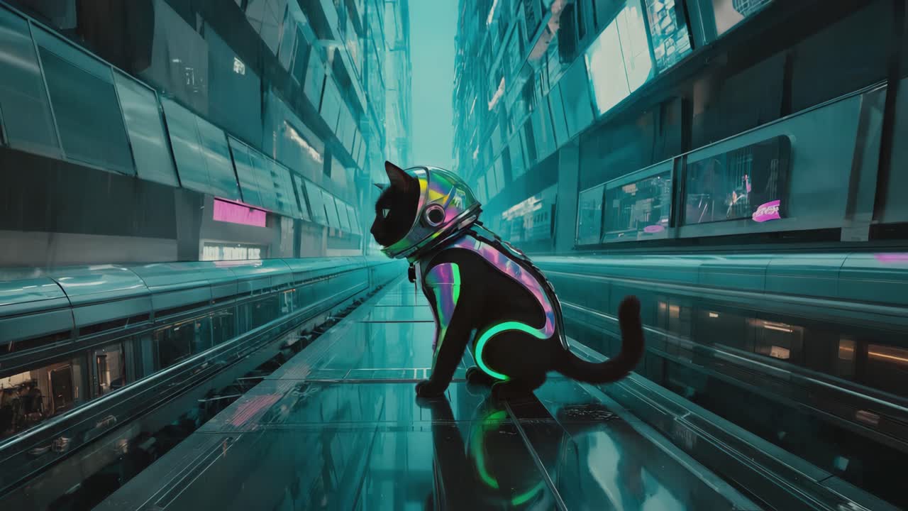 Cyberpunk Kat i Futuristisk Bylandskab