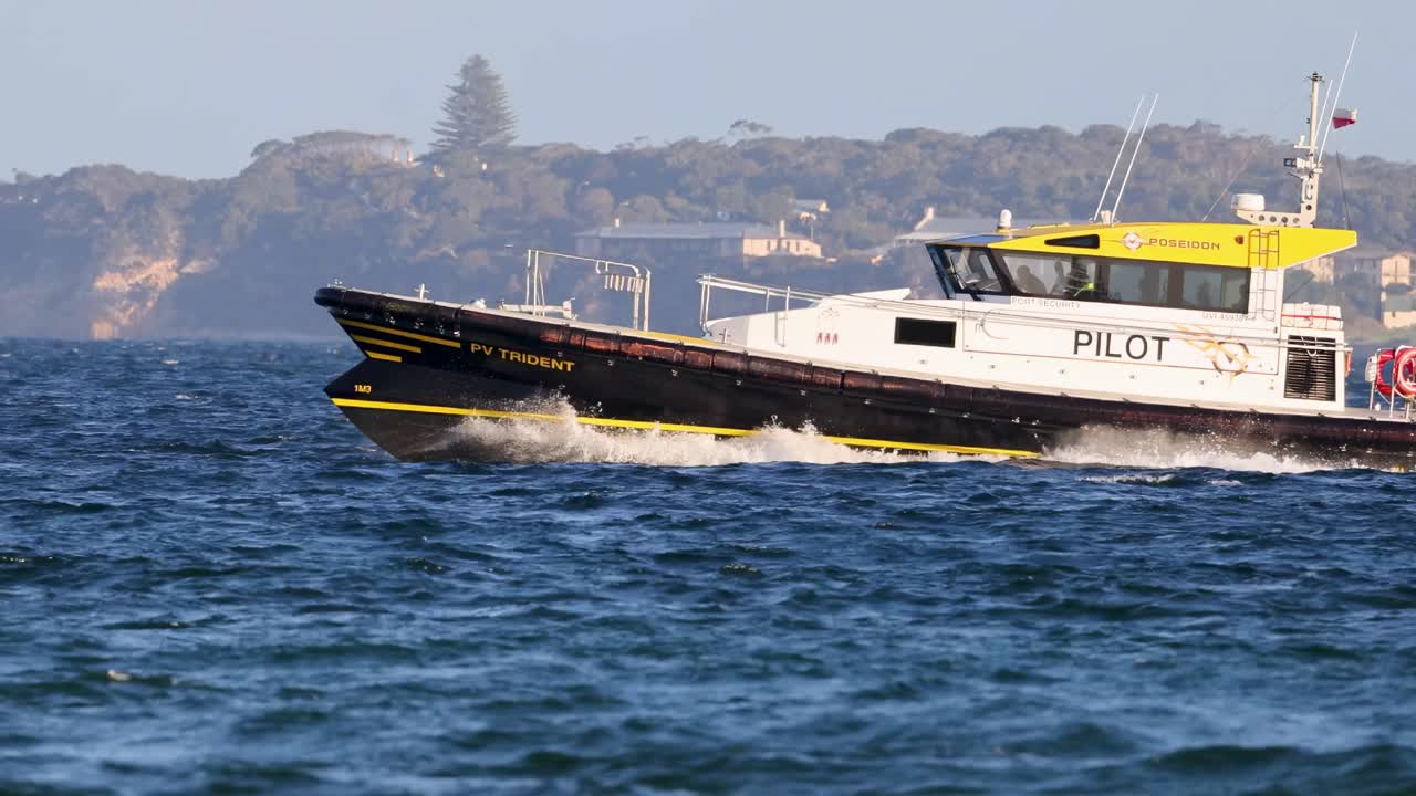 A pilot boat travels swiftly across the water with a picturesque coastal backdrop under clear skies.