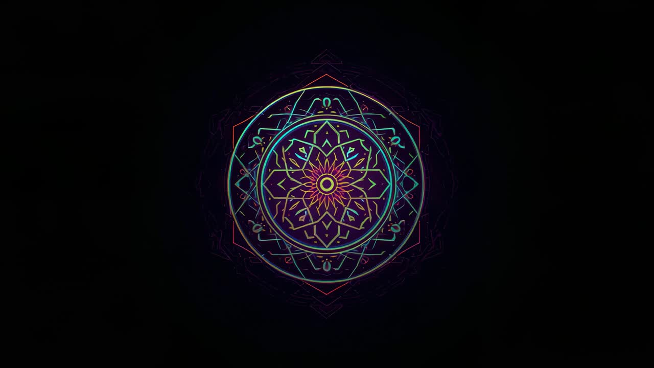 Frames advancing, mandala expanding, revealing layered neon rings and floral star on black screen