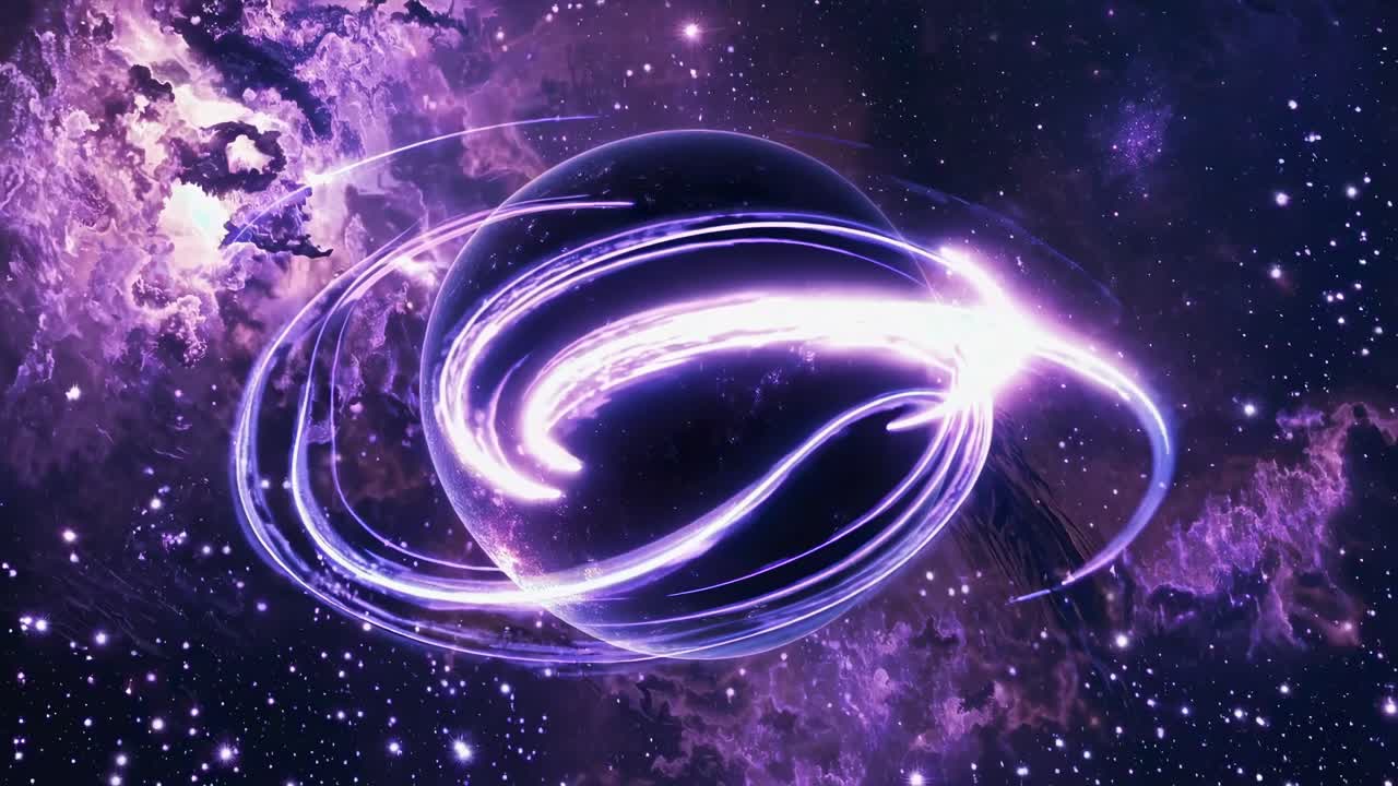 A cosmic scene with a glowing planet surrounded by swirling purple energy