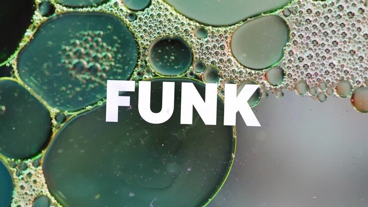 Animazione del testo "funk" su sfondo liquido astratto a motivi