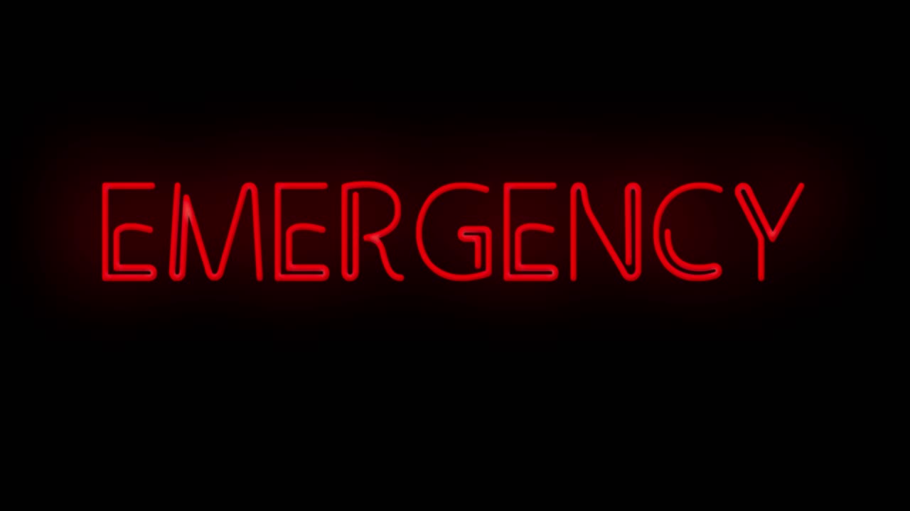 Flashing EMERGENCY Red Neon Sign flashing on and off with flicker 4K