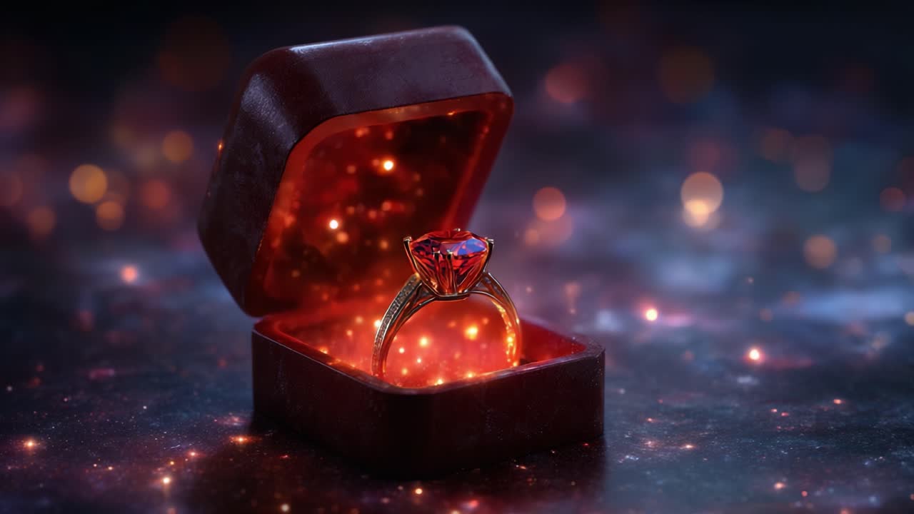 A Stunning Ring with a Brilliant Red Gem Sparkling in a Magical Jewelry Box, Surrounded by a Universe of Stars and Galaxy-like Backgrounds, Captivating Joy and Beauty