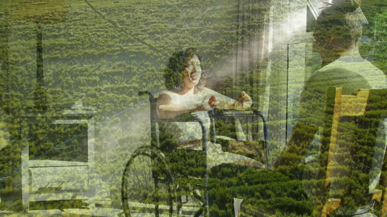 Interacting with man, woman in wheelchair discussing animation over forest landscape