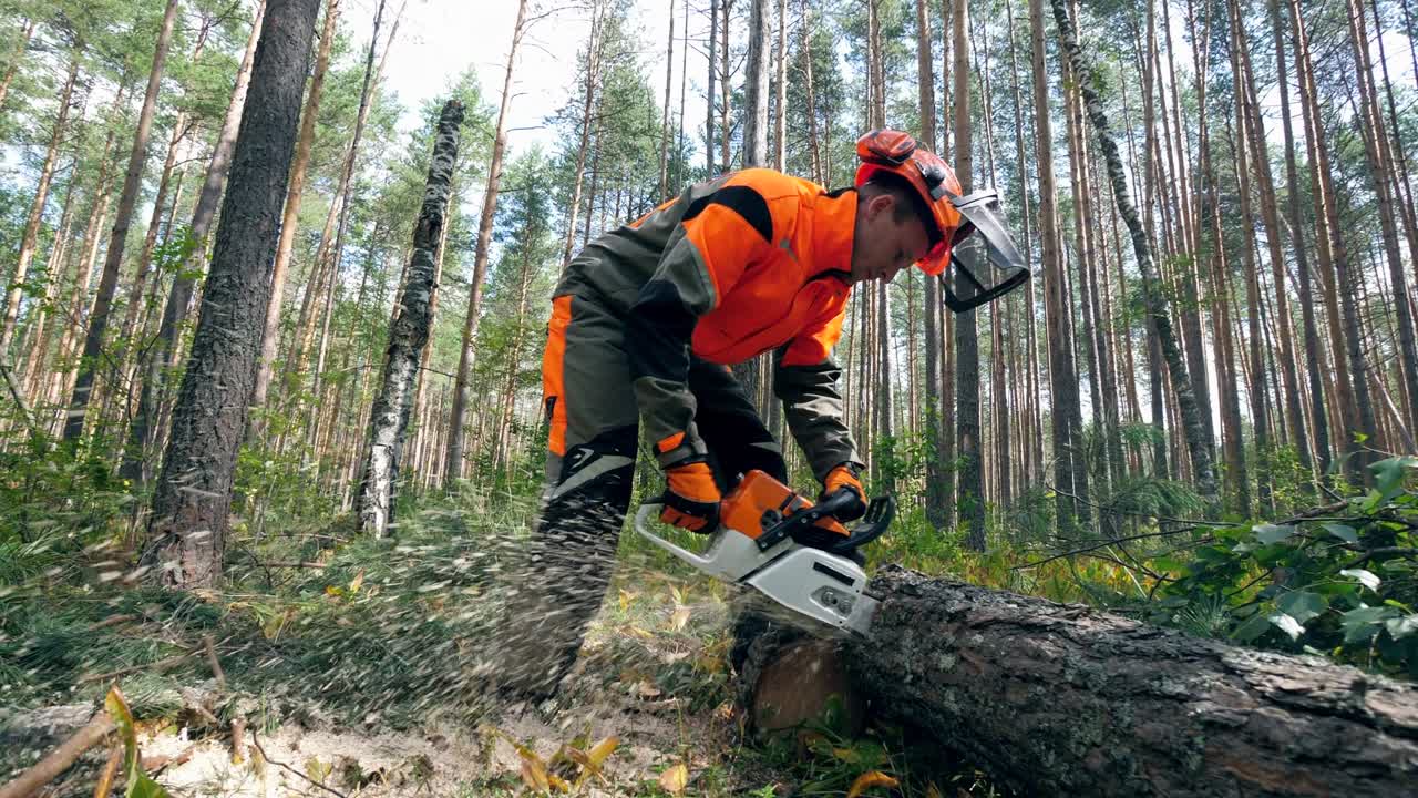 un trabajador en uniforme corta un tronco de árbol con una motosierra.