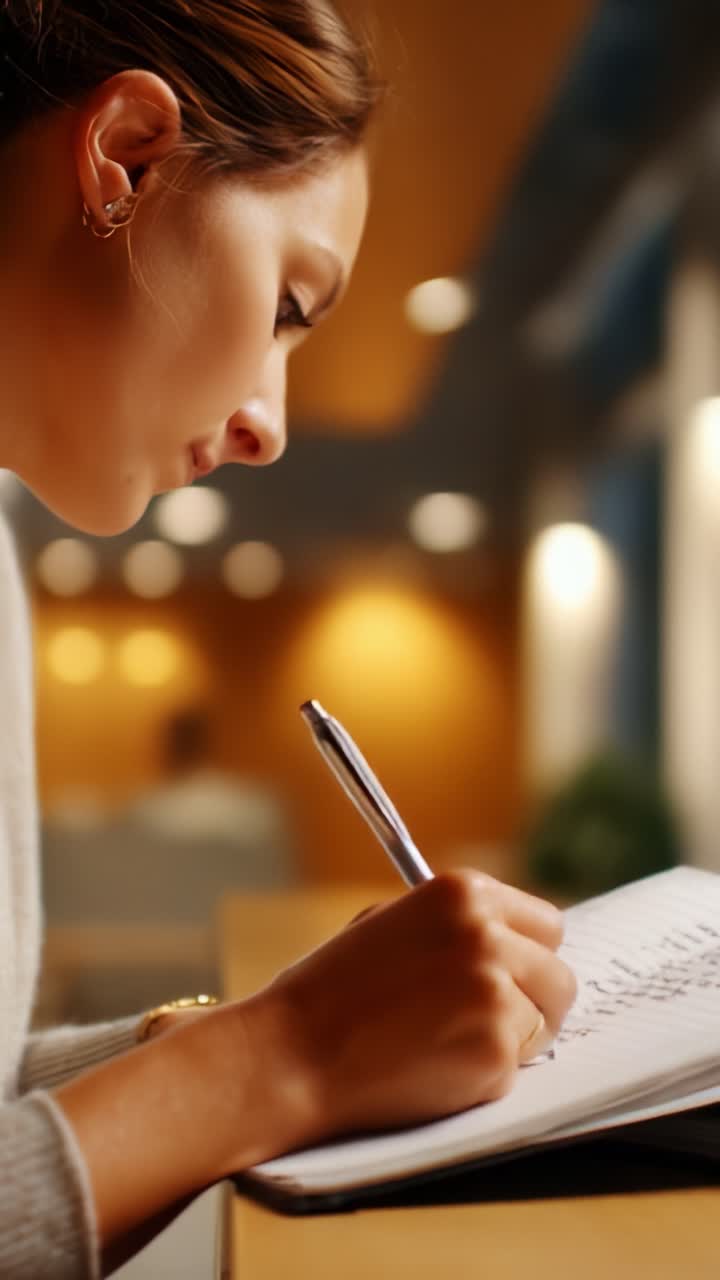 A focused young woman engaged in thoughtful writing, capturing her ideas on paper with a pen in a warm, ambient setting that fosters creativity and inspiration