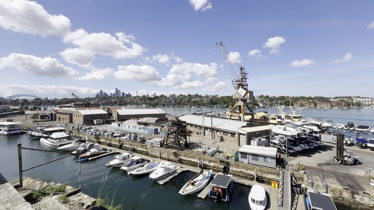 Wide shot of the marina on the historical industrial Cockatoo Island in Sydney harbour, Australia