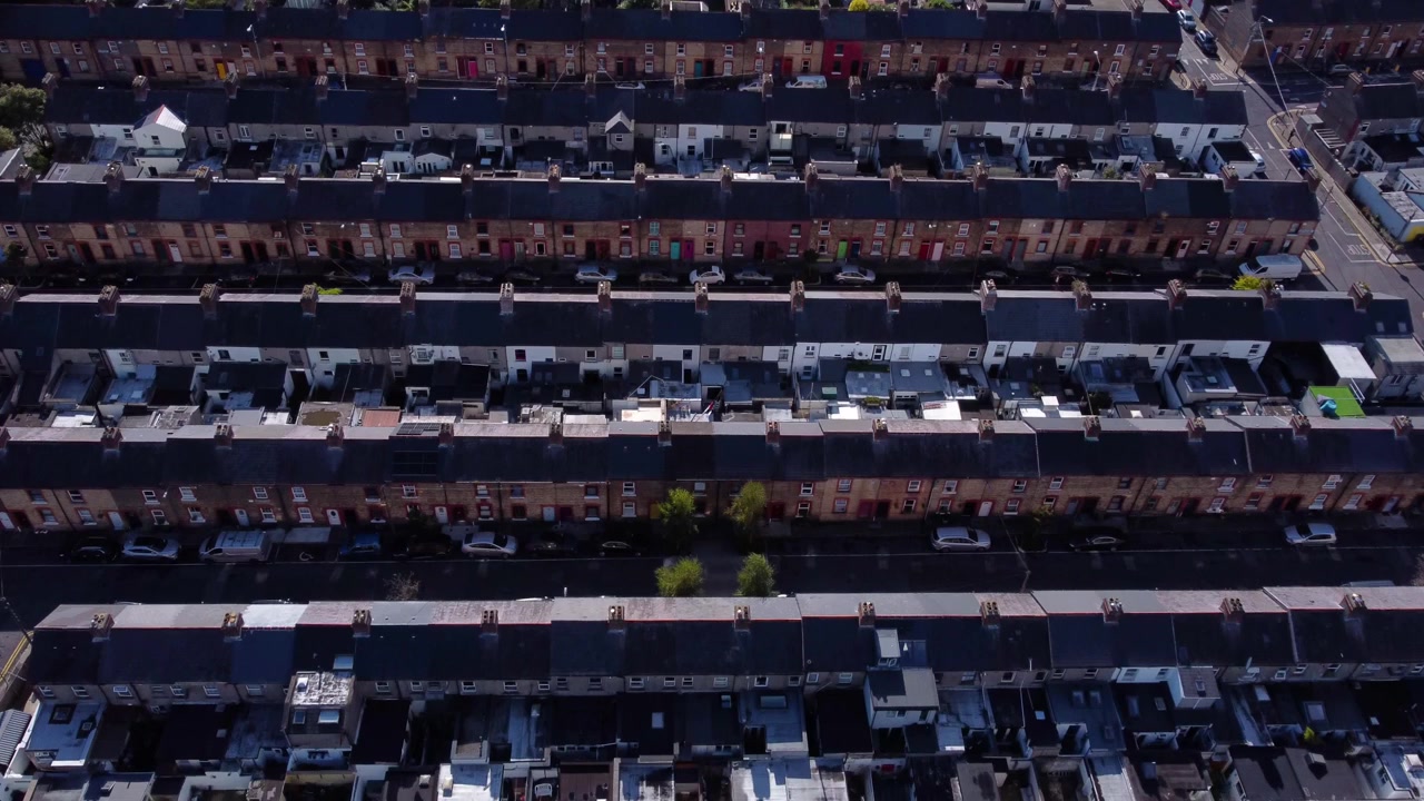 Aerial Fly-by over Row Houses in Dublin, Ireland