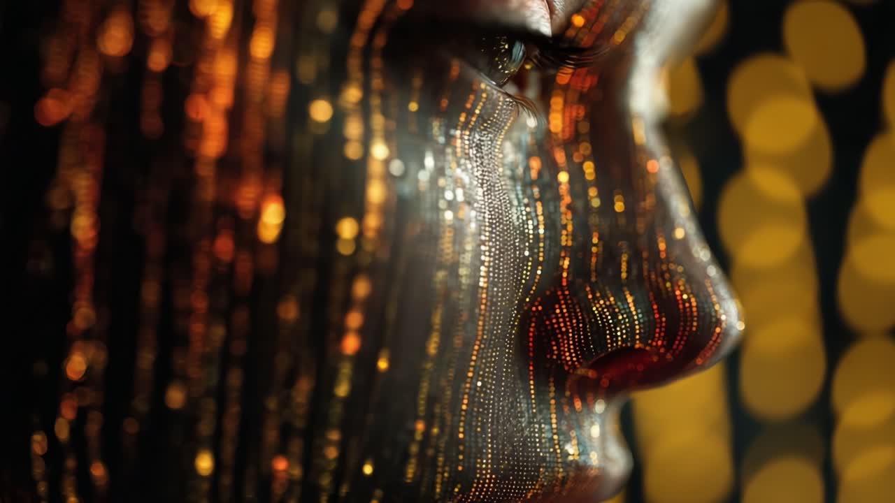 A mesmerizing close-up of a face adorned with intricate patterns of shimmering light, creating a captivating interplay of colors and textures that evoke an otherworldly beauty and depth in this dynamic video sequence