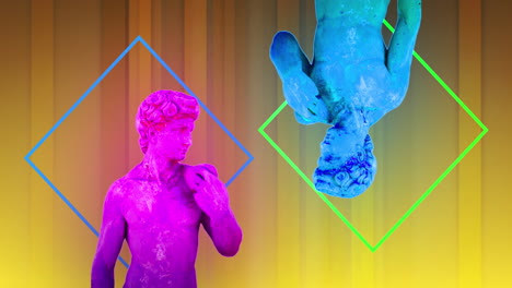 animación de distorsionar esculturas clásicas masculinas rosadas y azules que se mueven sobre un fondo de rayas doradas