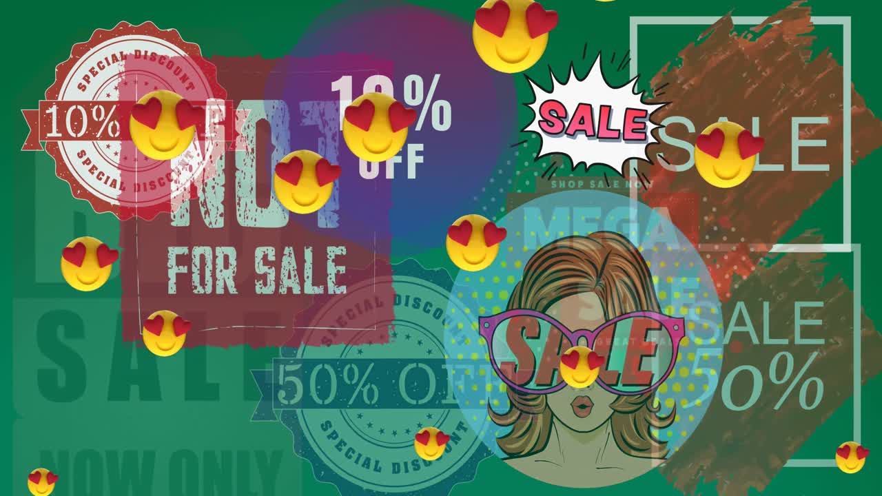 анимация смайликов с красными сердцами и текстом продажи на зеленом фоне