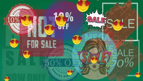 animación de emojis con corazones rojos y texto de venta sobre fondo verde
