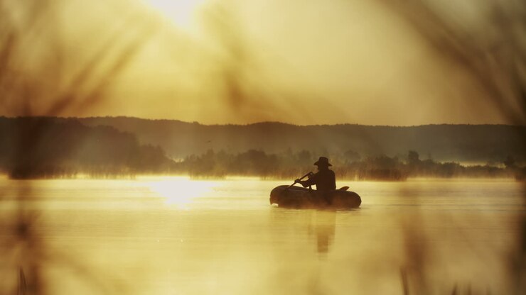 Distant view of senior man in a hat sailing in a boat on the lake at sunset