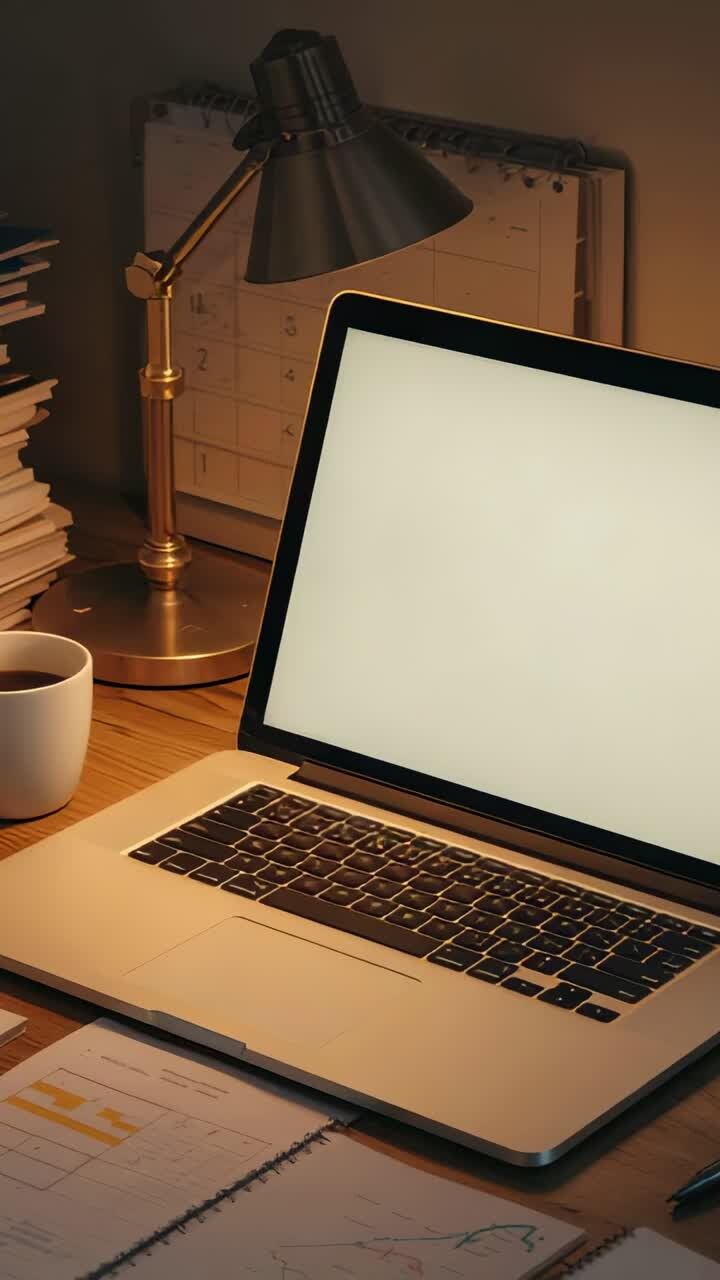 Vertikales Video: Einschalten einer Messinglampe, die warmes Licht über einen Laptop wirft, um mit Tasse und Notizbuch zu arbeiten
