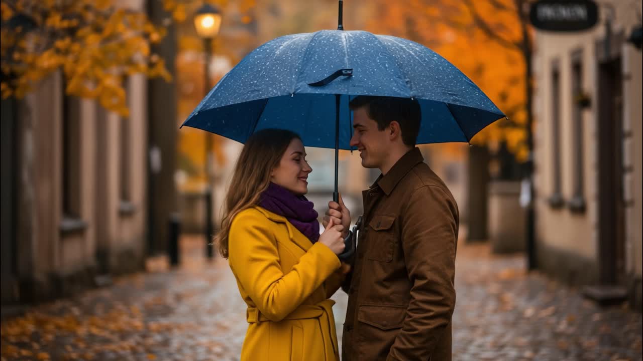 Couple sharing an umbrella on an autumn rainy street