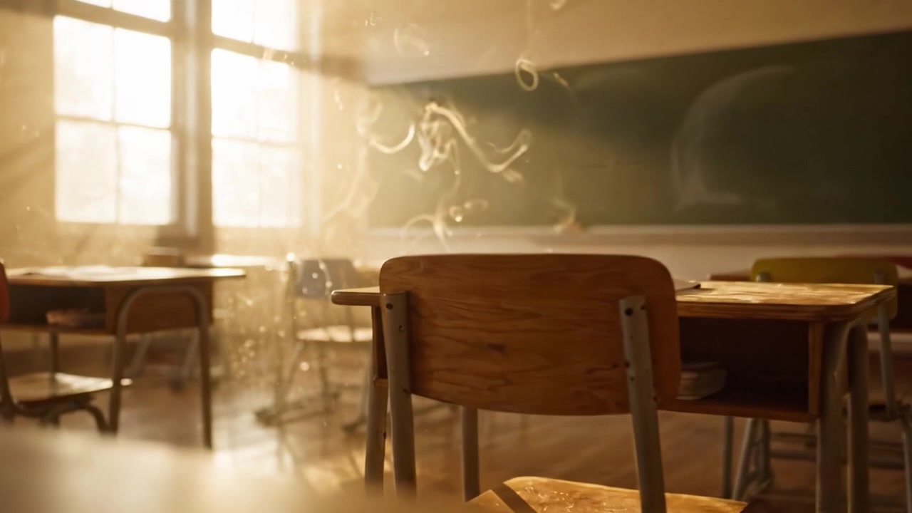 A Serene Classroom Bathed in Warm Light and Dust Particles, Evoking a Sense of Learning and Reflection Amidst Quiet Solitude and Peaceful Atmosphere
