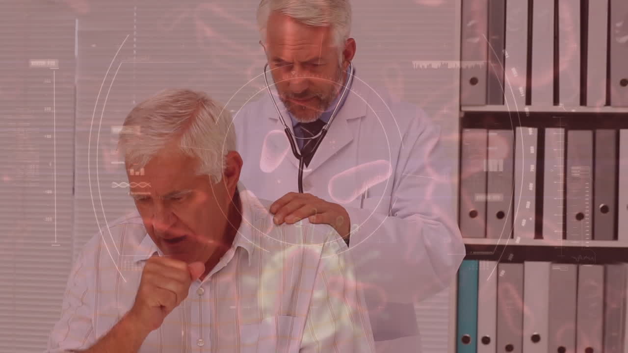 범위 스캐닝과 코로나19 세포가 환자를 치료하는 의사를 상대로 움직입니다.