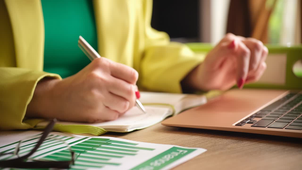 Rapporto finanziario in grafici e donna d'affari che lavora al laptop annotando dati aziendali