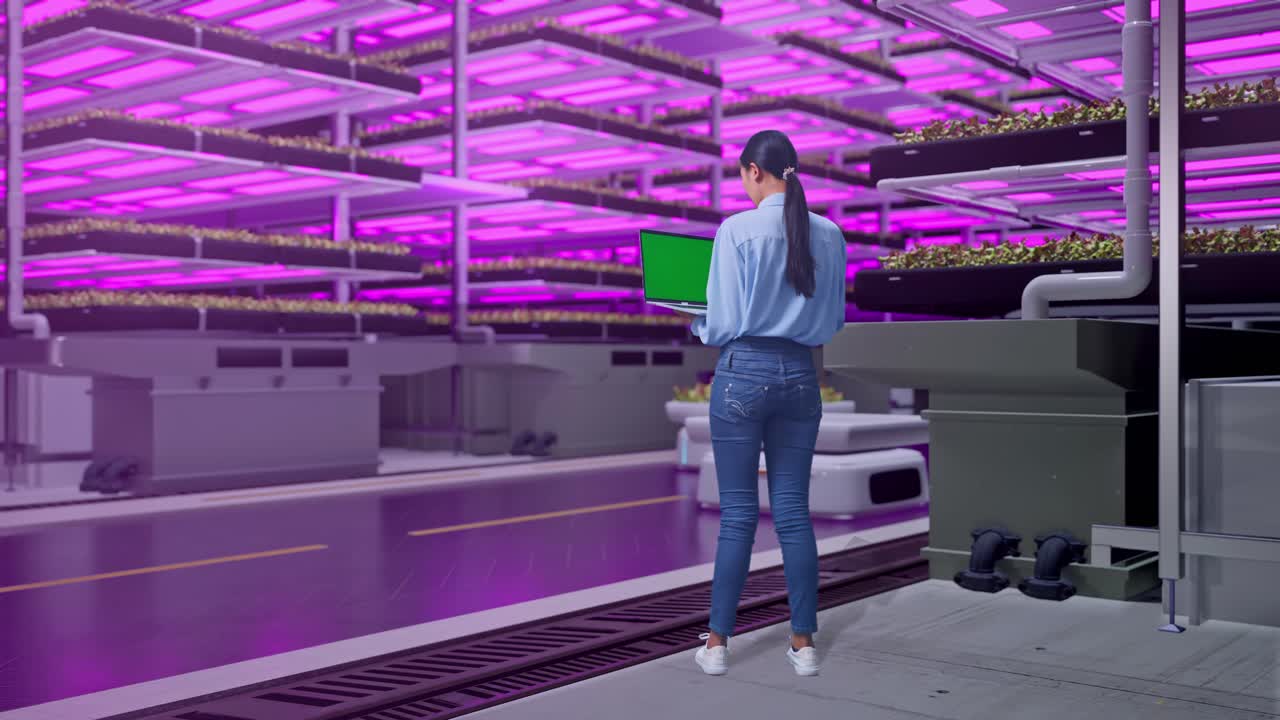Woman working on a laptop in a vertical farm