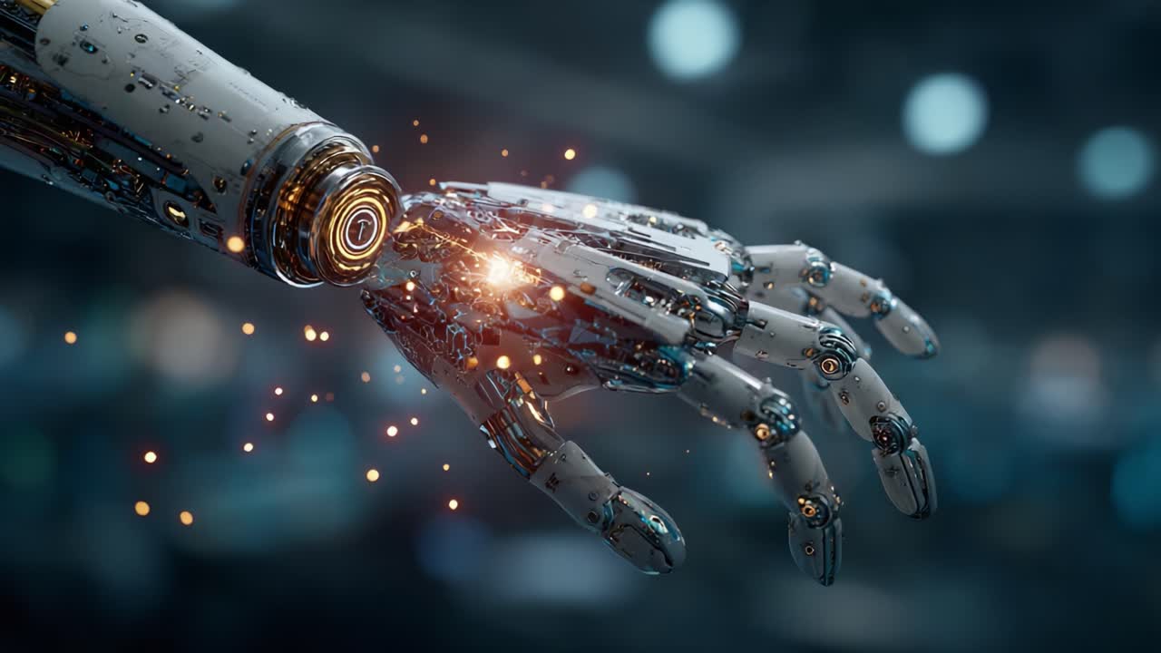 Primo piano di una mano robotica avanzata che sprigiona energia, mettendo in mostra una tecnologia all'avanguardia in un ambiente futuristico
