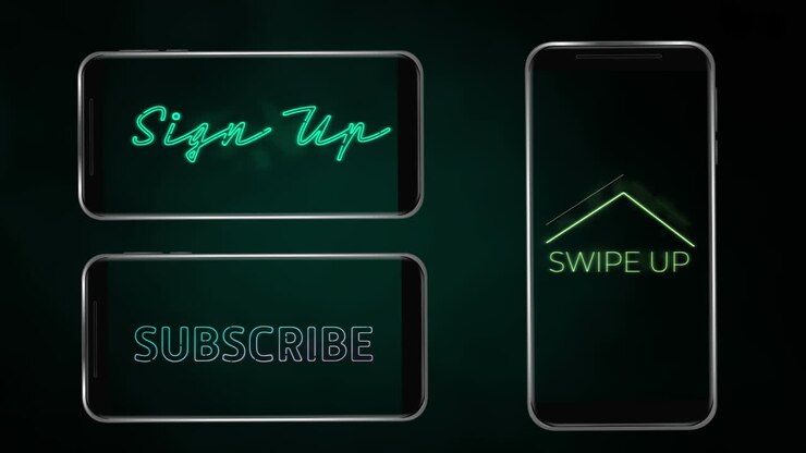Animation of words Sign Up Swipe Up and Subscribe flickering on screens of smartphones