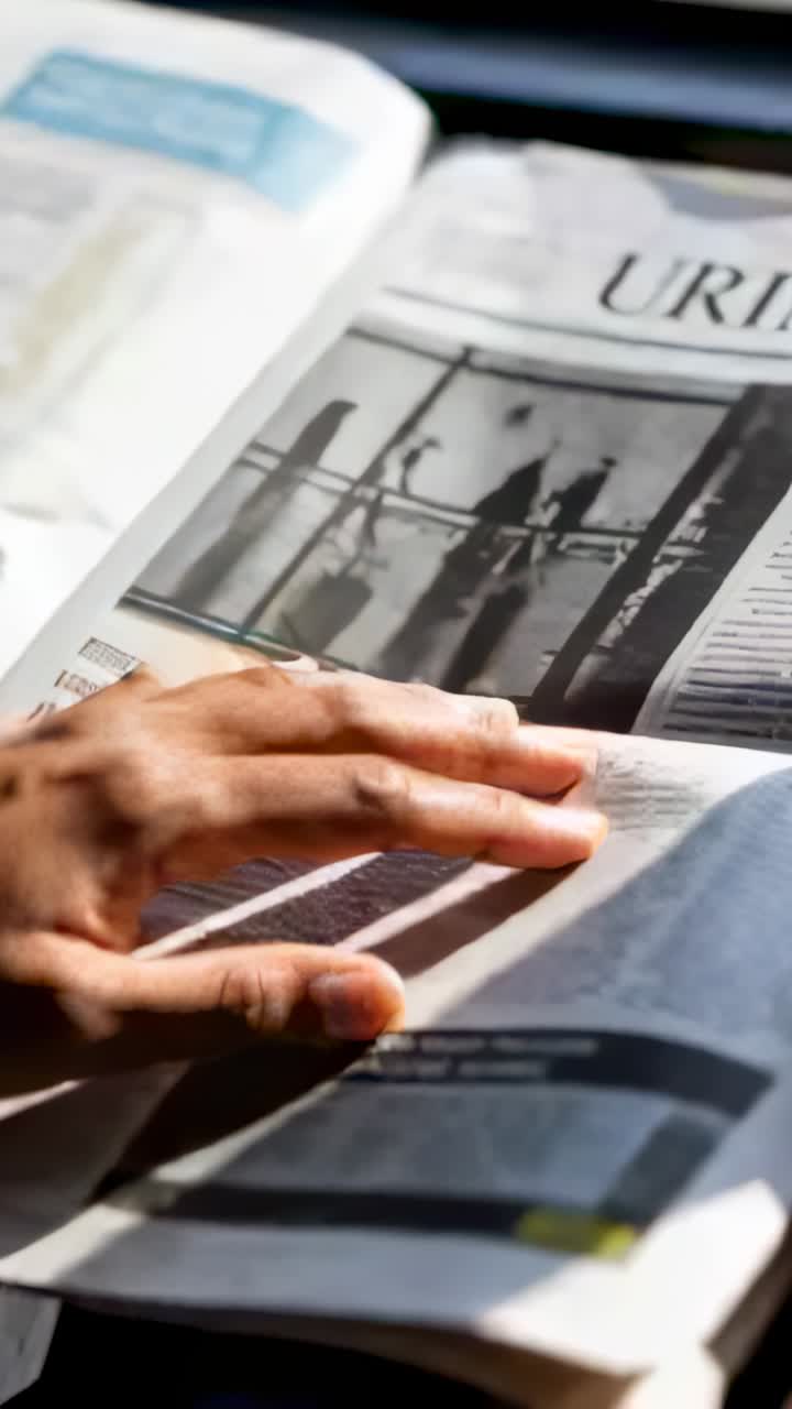 Vertical video: Right hand tracing text in sunlit window, sliding and pressing newspaper photograph