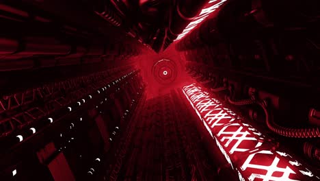 a futuristic red corridor with neon lights