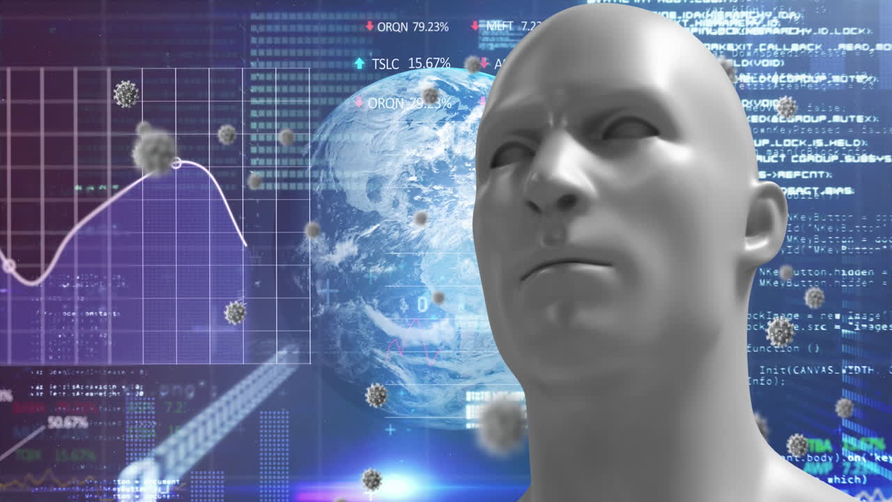 animación de una cabeza humana digital con modelos de virus gigantes flotando sobre un fondo azul