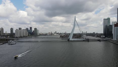 revealing drone shot of the erasmus bridge in rotterdam, the netherlands