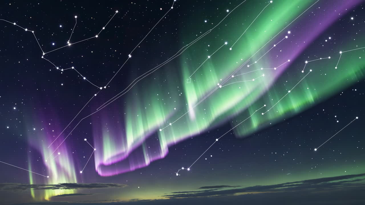 Aurora boreale vibrante con costellazioni nel cielo notturno