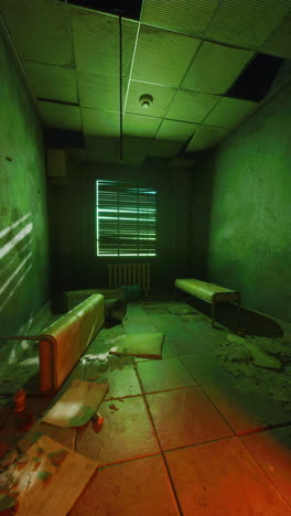 habitación débilmente iluminada con sofá y radiador