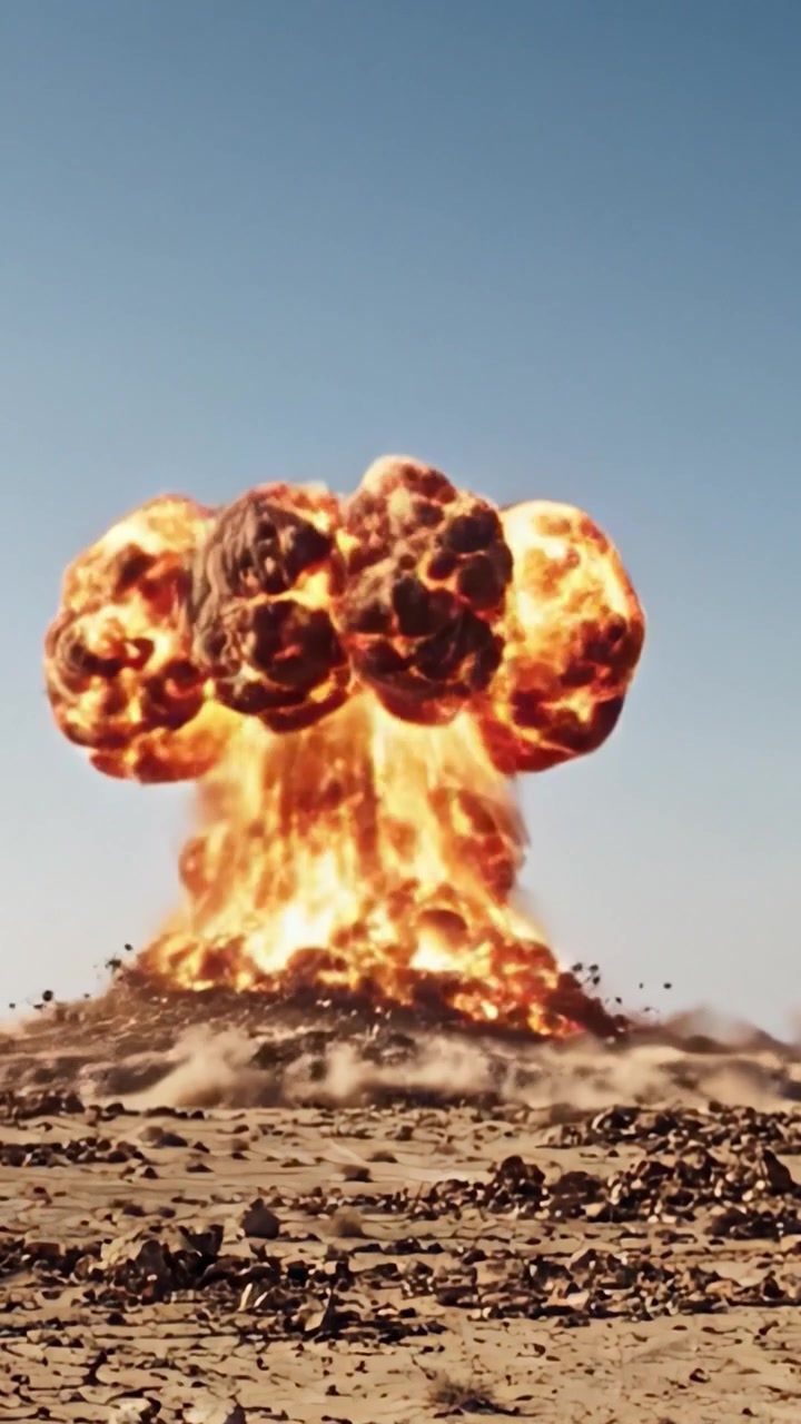 Eine dramatische Explosion entfesselt eine hoch aufragende Pilzwolke über einer trostlosen Landschaft, die die Kraft und Zerstörung von Detonationen in offenem Gelände symbolisiert.